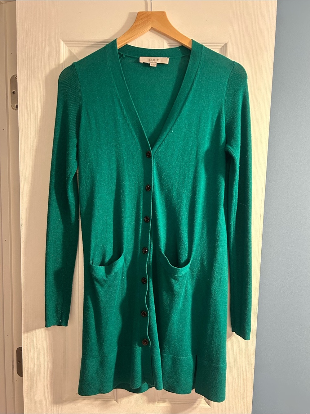LOFT Kelly Green Long Cardigan with Front Pockets